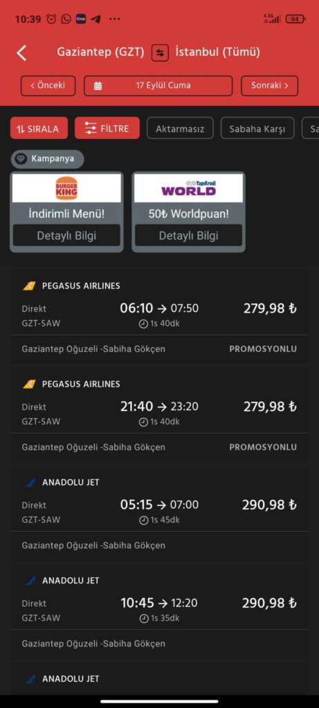 طريقة حجز تذاكر طيران على موقع Obilet من الهاتف اختيار التذكرة المناسبة