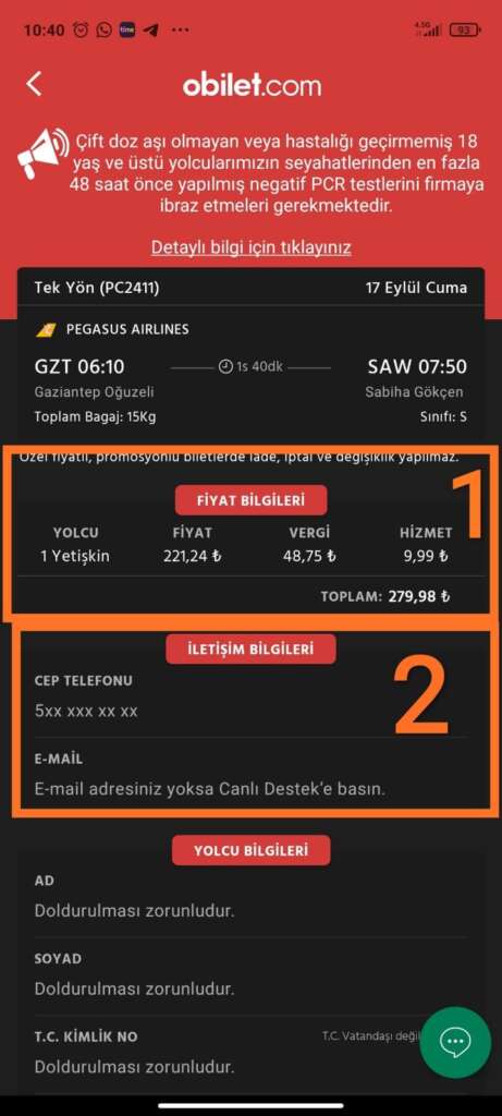 طريقة حجز تذاكر طيران على موقع Obilet من الهاتف صفحة بيانات البطاقة
