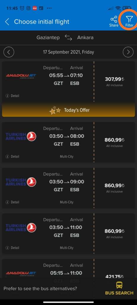 طريقة حجز تذكرة طيران من موقع BiletAll من خلال التطبيق على الهاتف اختيار التذكرة مع الفلترة