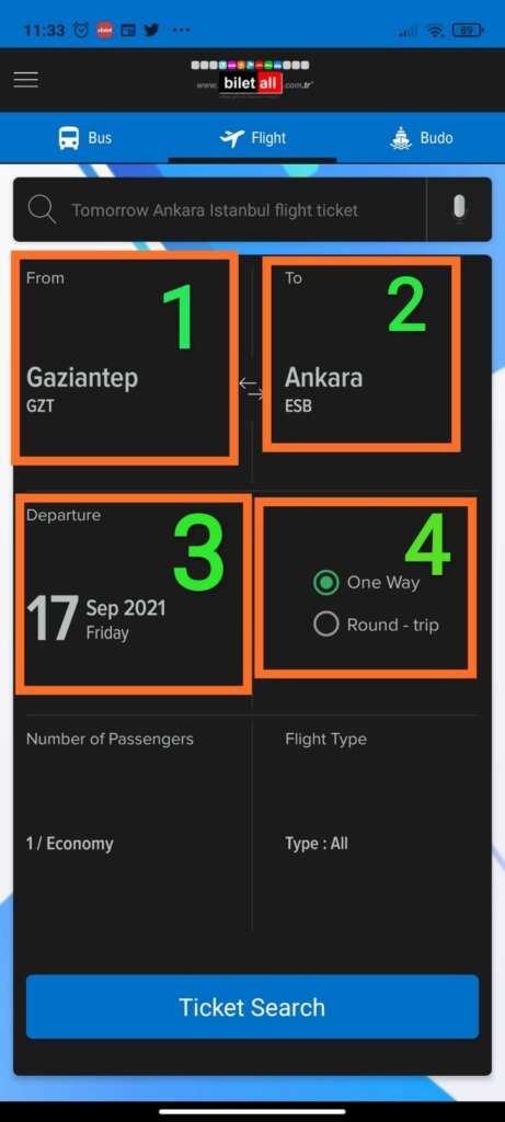طريقة حجز تذكرة طيران من موقع BiletAll من خلال التطبيق على الهاتف الصفحة الرئيسية