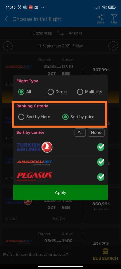 طريقة حجز تذكرة طيران من موقع BiletAll من خلال التطبيق على الهاتف فلترة البيانات