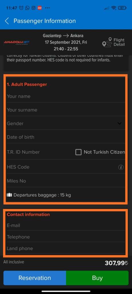 طريقة حجز تذكرة طيران من موقع BiletAll من خلال التطبيق على الهاتف معلومات الراكب والتواصل