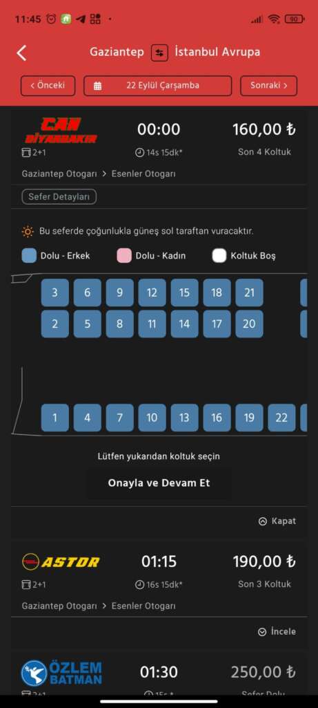 حجز تذاكر باصات في تركيا من خلال تطبيق Obilet على الهاتف اختيار الكرسي والجنس