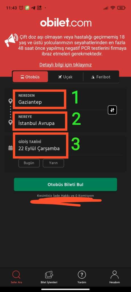 حجز تذاكر باصات في تركيا من خلال تطبيق Obilet على الهاتف الصفحة الرئيسية
