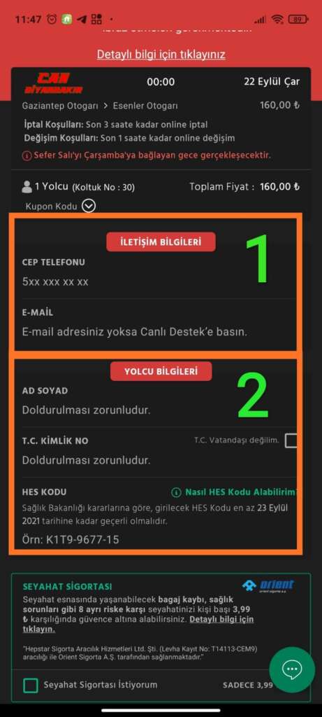 حجز تذاكر باصات في تركيا من خلال تطبيق Obilet على الهاتف معلومات البطاقة والإسم