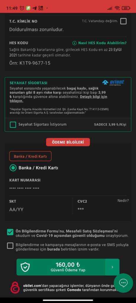 حجز تذاكر باصات في تركيا من خلال تطبيق Obilet على الهاتف معلومات الدفع