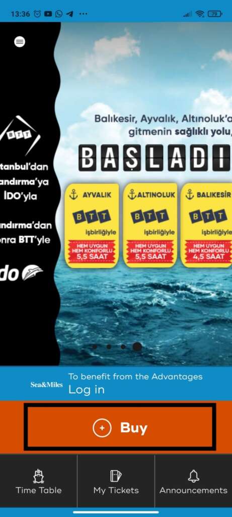 طريقة حجز بطاقة باخرة نقل داخلي من خلال تطبيق İDO على الهاتف الصفحة الرئيسية