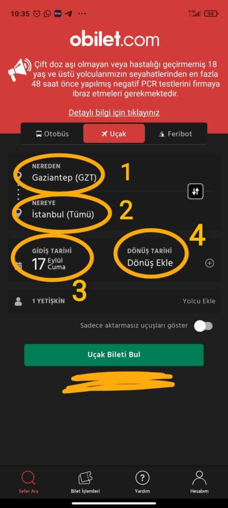 طريقة حجز تذاكر طيران على موقع Obilet من الهاتف الصفحة الرئيسية