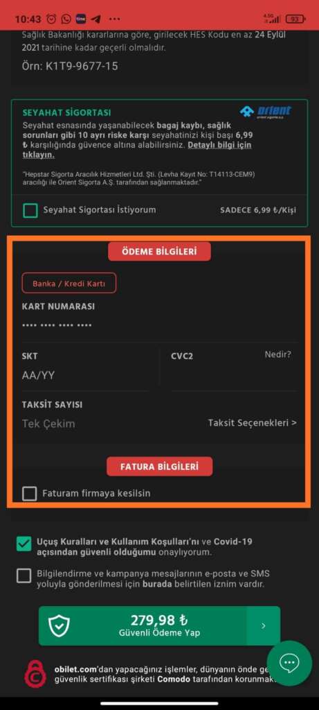طريقة حجز تذاكر طيران على موقع Obilet من الهاتف مكان الدفع