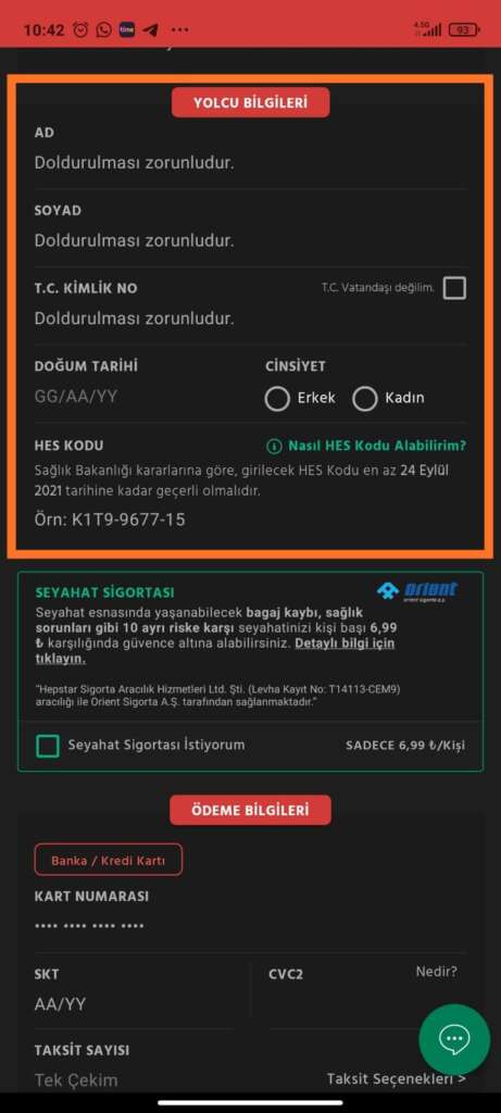 طريقة حجز تذاكر طيران على موقع Obilet من الهاتف مكان تعبئة الإسم والمعلومات