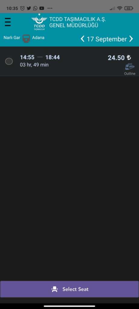 طريقة حجز تذكرة قطار من الإنترنت عبر تطبيق TCDD على الهاتف اختيار القطار