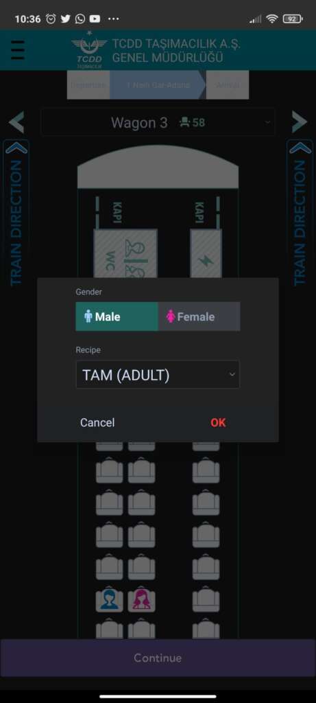 طريقة حجز تذكرة قطار من الإنترنت عبر تطبيق TCDD على الهاتف تحديد جنس الراكب