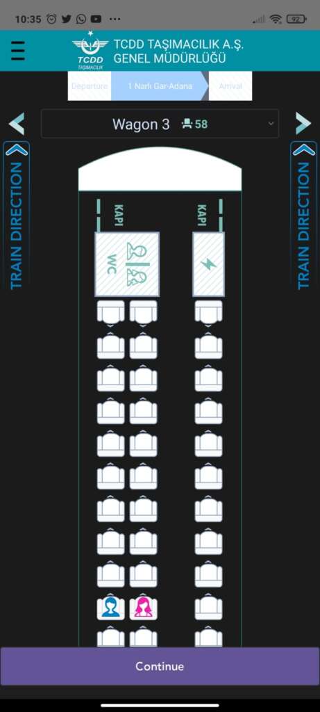 طريقة حجز تذكرة قطار من الإنترنت عبر تطبيق TCDD على الهاتف تعيين المقعد